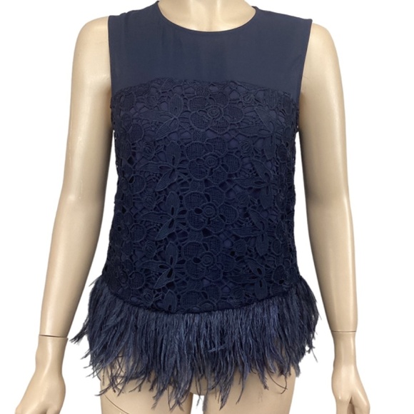 Anthropologie Greylin Navy Lace‎ Chiffon Sleeveless top SMALL Ostrich Feathers - Picture 2 of 10